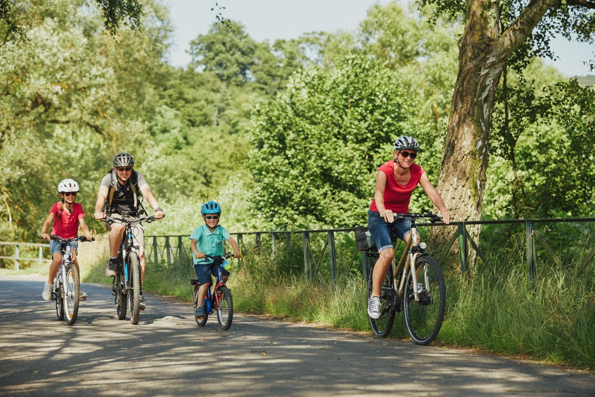 Eine Familie mit 2 Kindern fährt bei gutem Wetter eine Runde Fahrrad.